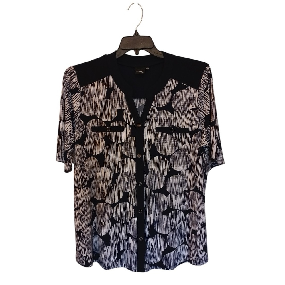 Elie McCarthy Women’s Navy White Blouse Size 1X Split Neck Circles
